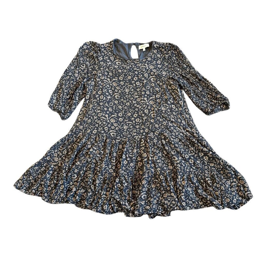 Bohme Grey Floral Print Dress Fit n Flare 3/4 Sleeves Comfy Casual Size Small